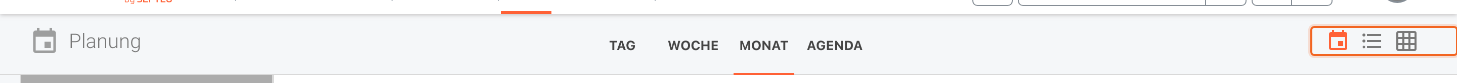 Die Kopfzeile der Planung mit den Reitern TAG, WOCHE, MONAT, AGENDA und den drei hervorgehobenen Umschalter-Symbolen für Kalender, Liste und Tabelle rechts oben