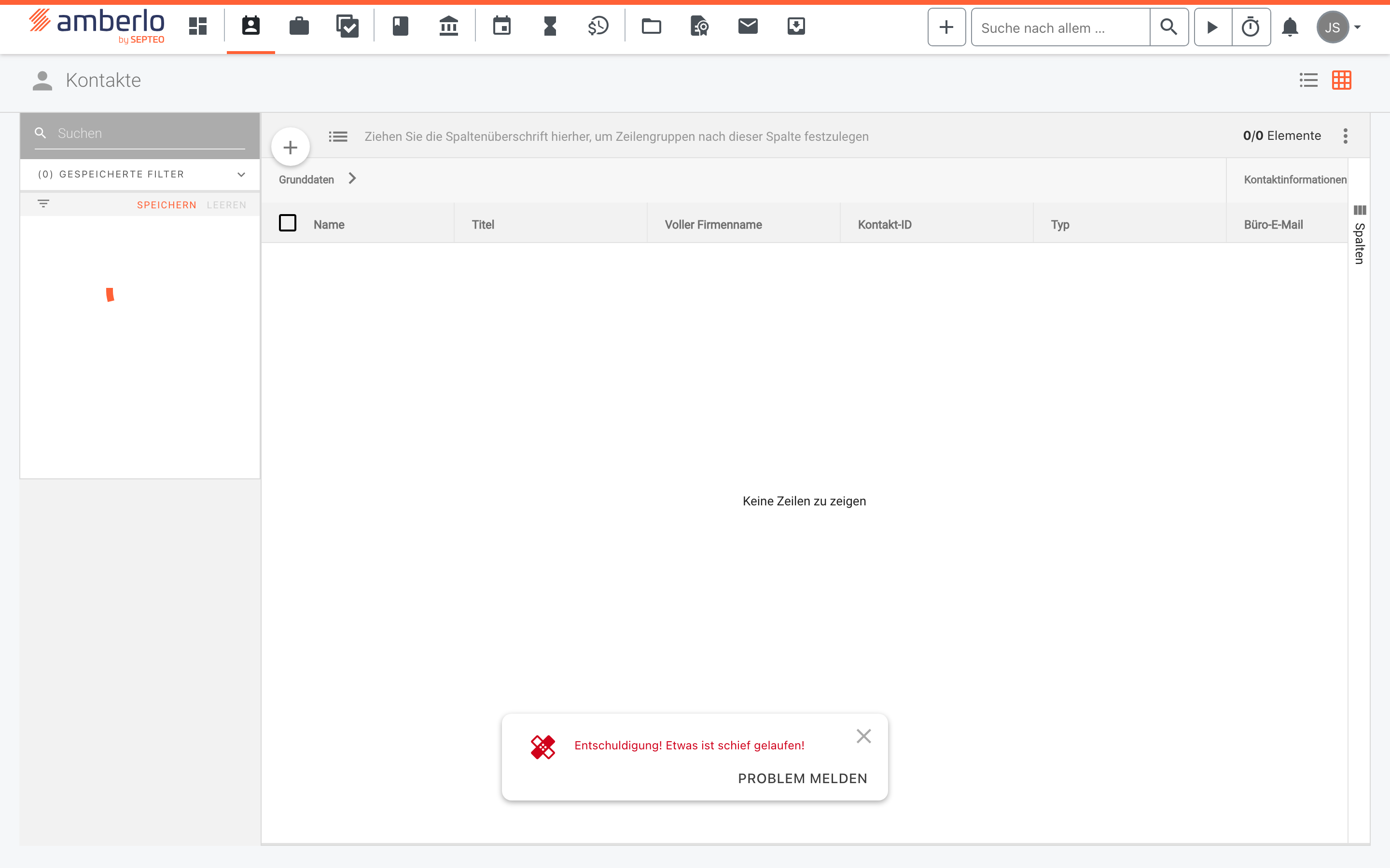 Tabellenansicht im Bereich Kontakte: oben rechts der Umschalter zwischen Listen- und Tabellenansicht, links das Filterpanel mit dem Bereich Gespeicherte Filter, über der Tabelle die Ablagezeile für Zeilengruppen und am rechten Rand die eingeklappte Leiste Spalten.