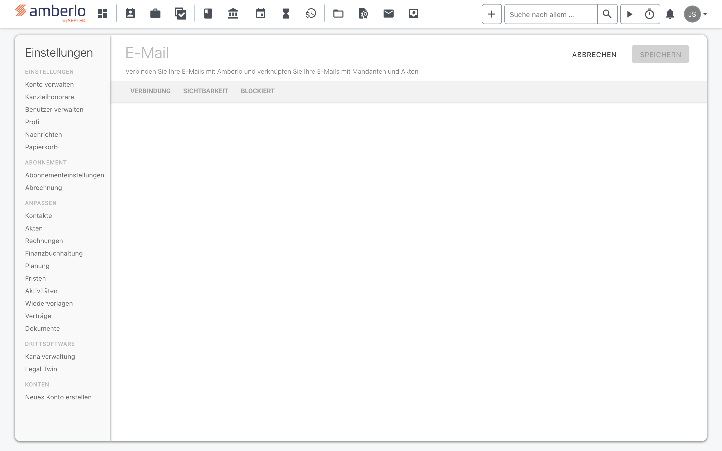 Die Einstellungsseite E-Mail in Amberlo mit den Reitern VERBINDUNG, SICHTBARKEIT und BLOCKIERT; links das Einstellungsmenü, oben rechts die Schaltflächen ABBRECHEN und SPEICHERN.