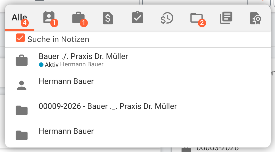 Trefferliste der globalen Suche mit Registerkarte ‘Alle’, Trefferzählern und dem Kontrollkästchen ‘Suche in Notizen’