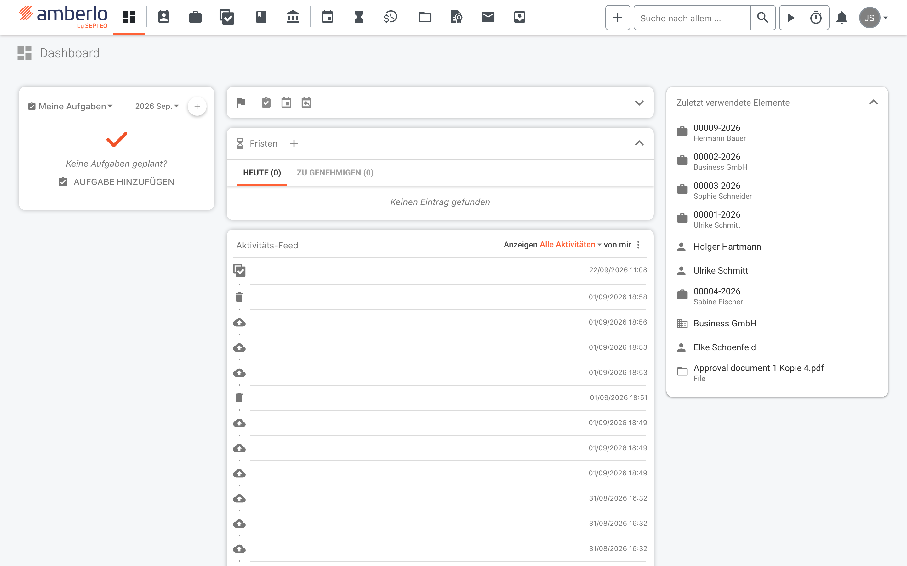 Amberlo-Dashboard; in der rechten Spalte die Karte „Zuletzt verwendete Elemente“ mit zuletzt geöffneten Akten, Kontakten und einer Datei