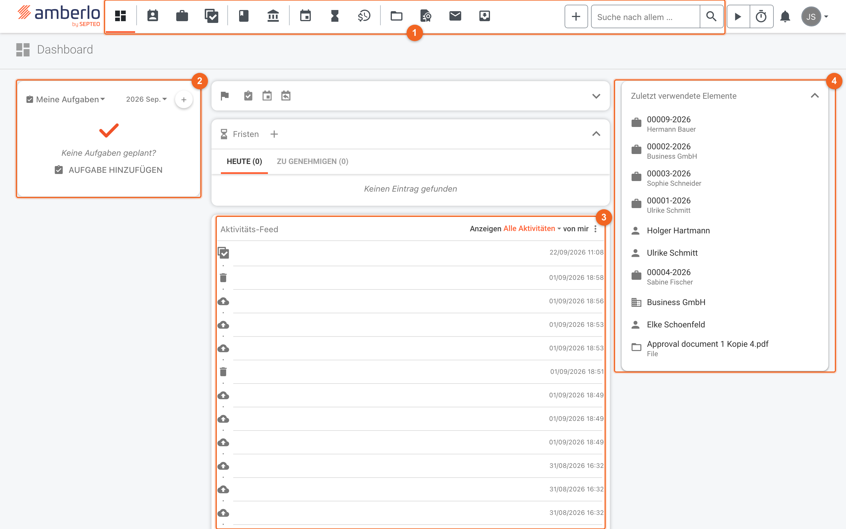 Amberlo-Dashboard mit nummerierten Bereichen: obere Leiste, Aufgaben, Aktivitäts-Feed und zuletzt verwendete Elemente