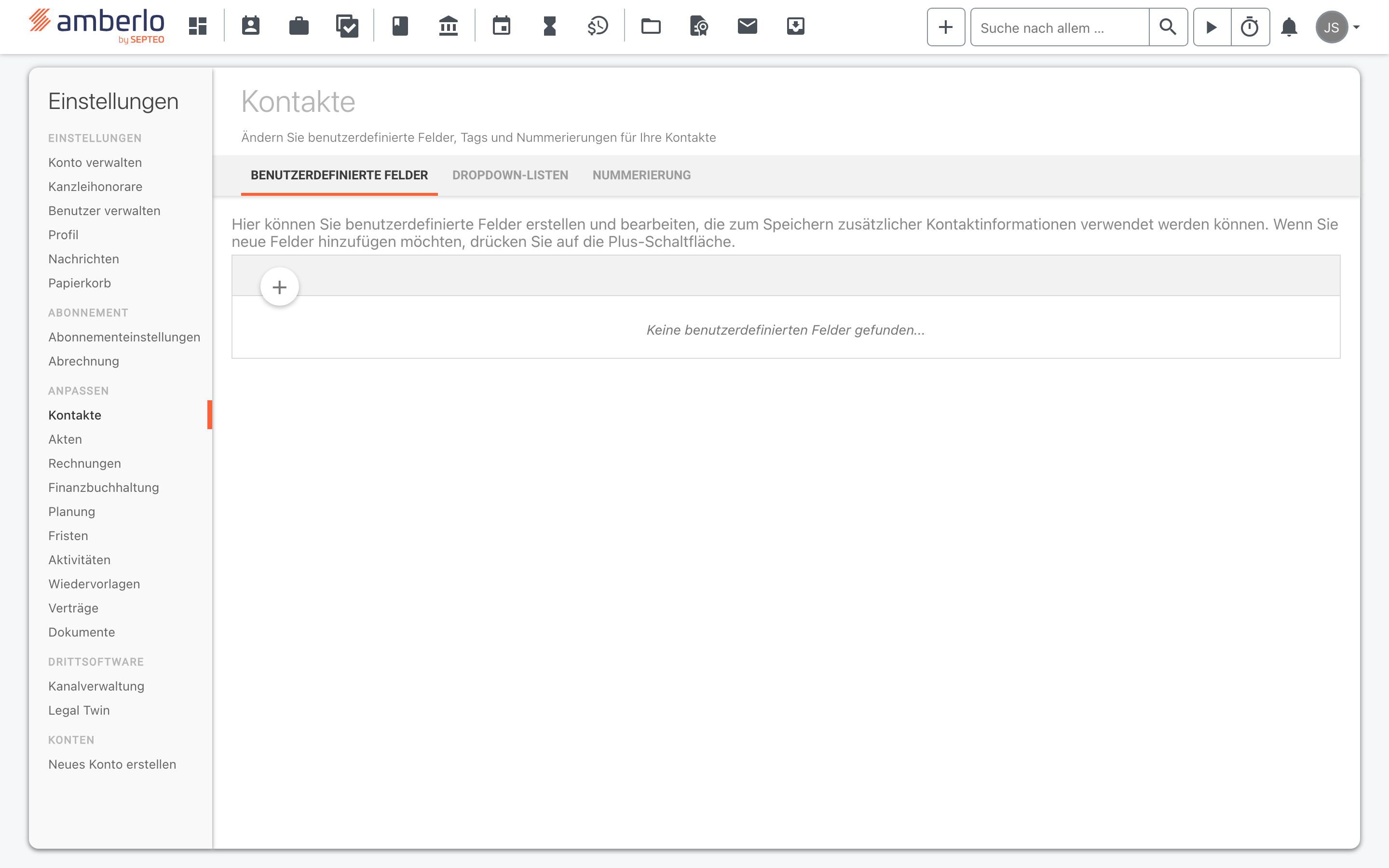 Einstellungsseite Kontakte in Amberlo: links die Navigation der Einstellungen mit dem markierten Eintrag Kontakte unter ANPASSEN, rechts die Registerleiste mit BENUTZERDEFINIERTE FELDER, DROPDOWN-LISTEN und NUMMERIERUNG.
