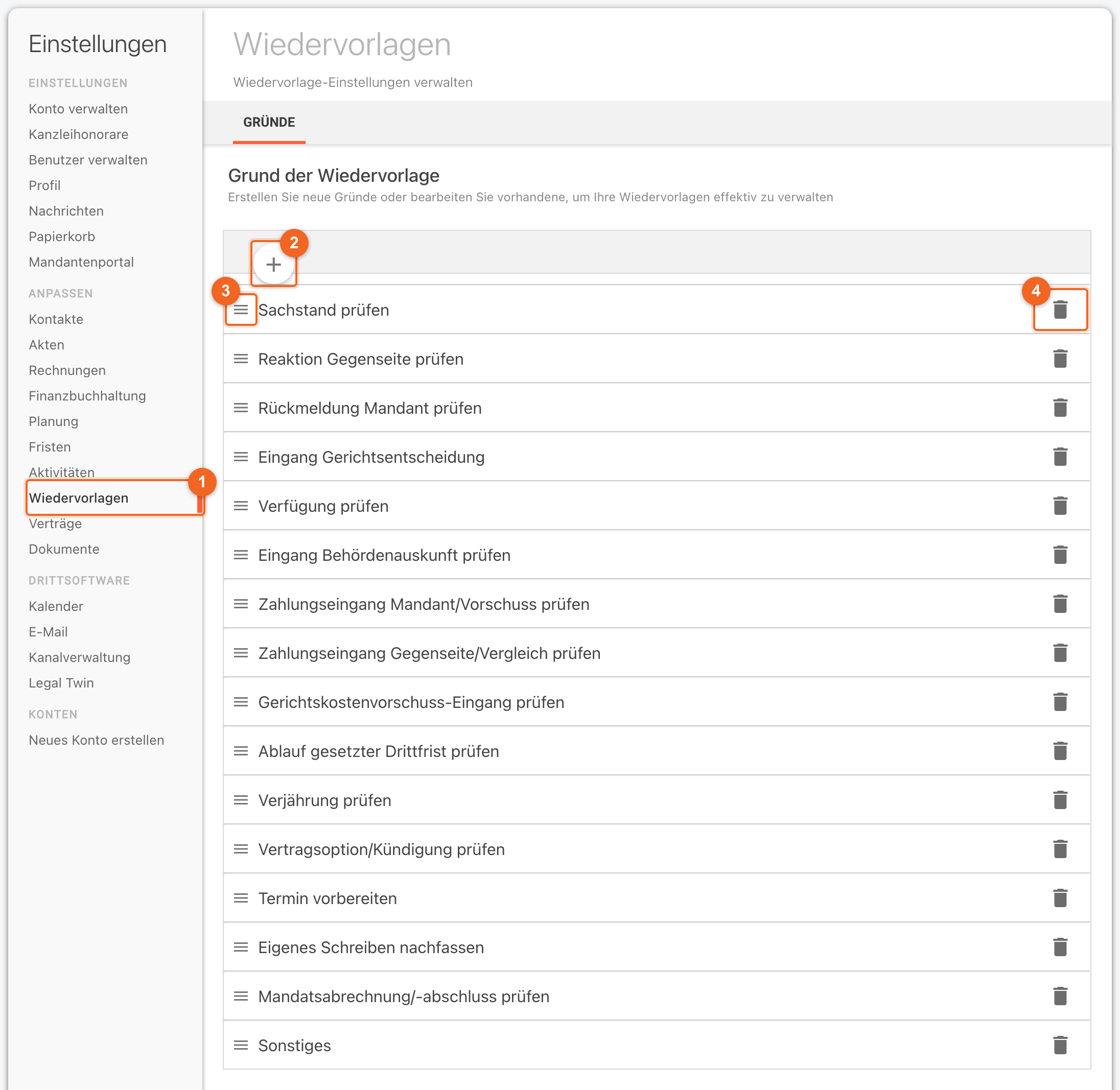 Die Einstellungsseite Wiedervorlagen mit dem Reiter GRÜNDE: (1) im Einstellungsmenü unter ANPASSEN der Eintrag Wiedervorlagen; (2) die runde Schaltfläche + über der Liste; (3) die drei Striche links neben dem ersten Grund Sachstand prüfen, an denen Sie einen Grund verschieben; (4) rechts in derselben Zeile das Papierkorbsymbol; darunter die übrigen vorbelegten Gründe von Reaktion Gegenseite prüfen bis Sonstiges