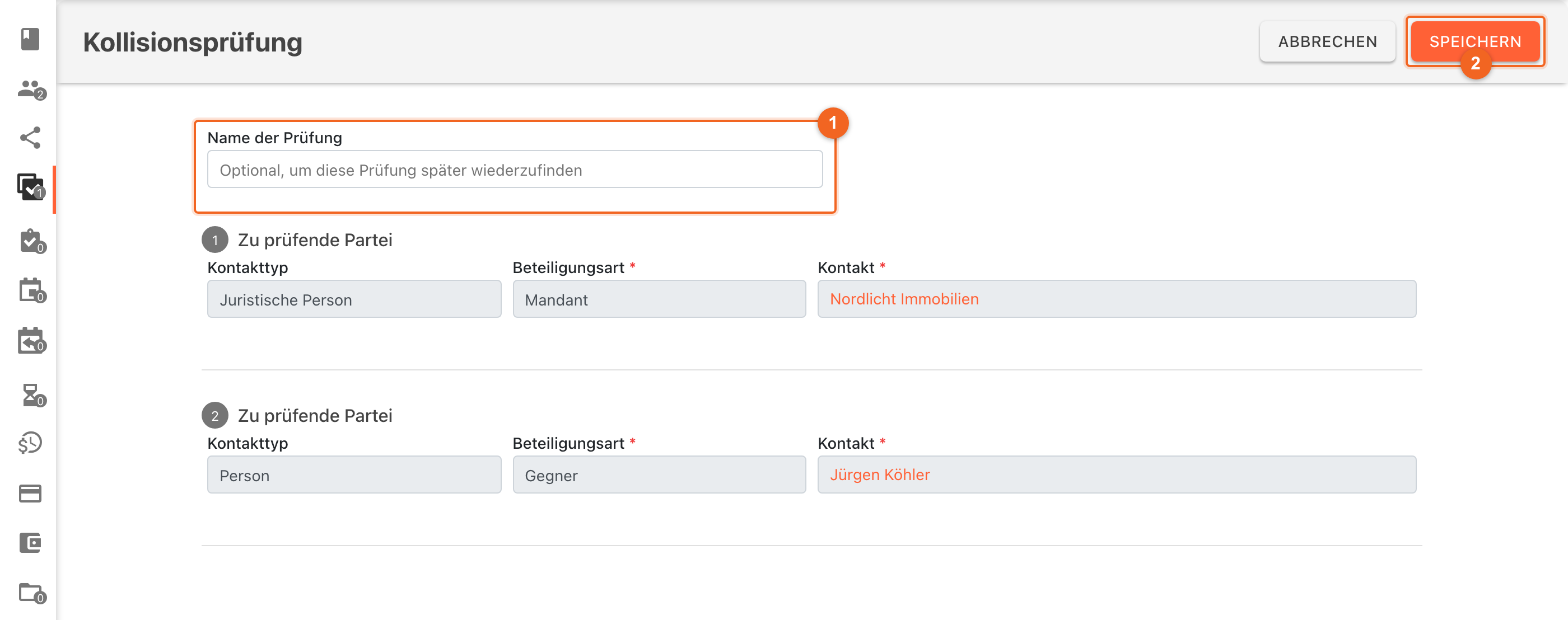 Das aus der Akte vorbelegte Formular Kollisionsprüfung. Partei 1 ist Nordlicht Immobilien als Juristische Person mit der Beteiligungsart Mandant, Partei 2 ist Jürgen Köhler als Person mit der Beteiligungsart Gegner; Kontakttyp, Beteiligungsart und Kontakt sind ausgegraut. Die grauen Nummern 1 und 2 vor Zu prüfende Partei sind die Parteinummern. Markiert sind das Feld Name der Prüfung (1) und oben rechts die Schaltfläche SPEICHERN (2)