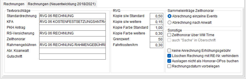 Programm-Parameter: die Registerkarte "Honorar"