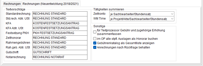 Programm-Parameter: die Registerkarte "Honorar", Unterregisterkarte "Rechnungen (Neuentwicklungen 2018/ 2021)"