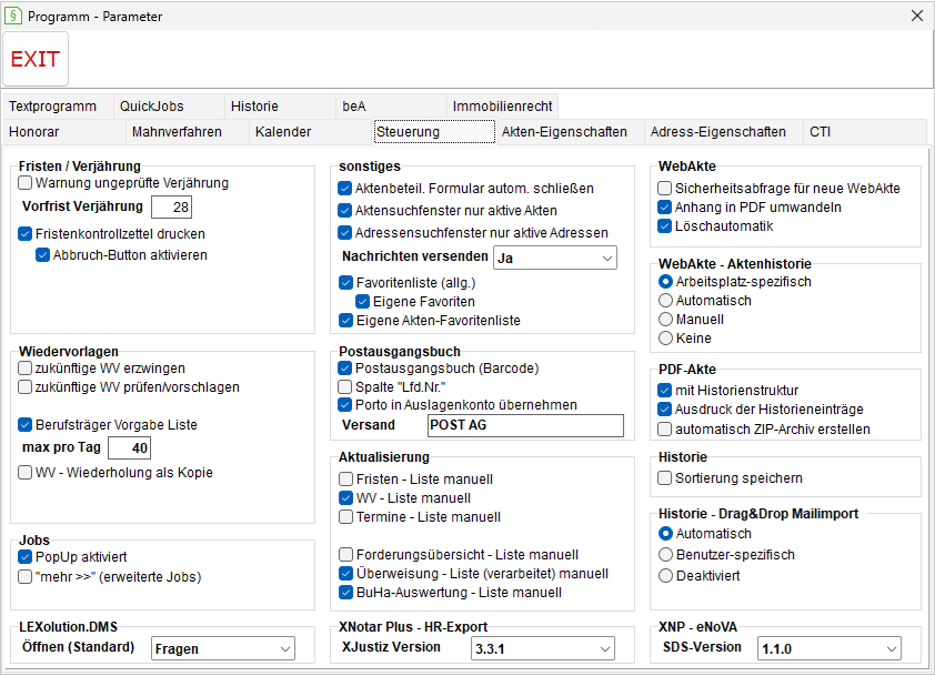 Programm-Parameter: die Registerkarte "Steuerung"