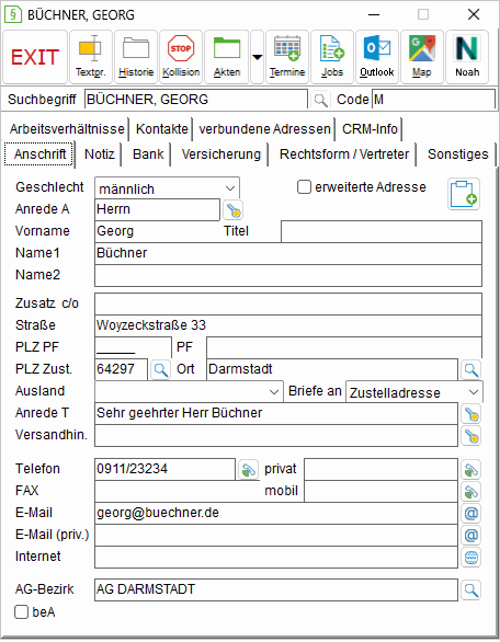 Das Adressfenster: die Registerkarte "Anschrift"