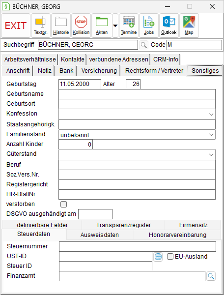 Das Adressfenster: die Registerkarte "Sonstiges"
