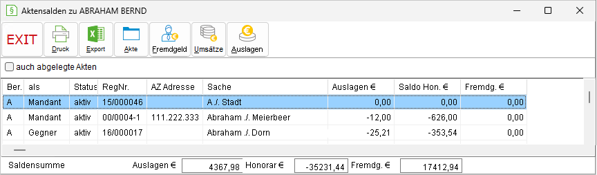 Das Fenster "Aktensalden zu ..."