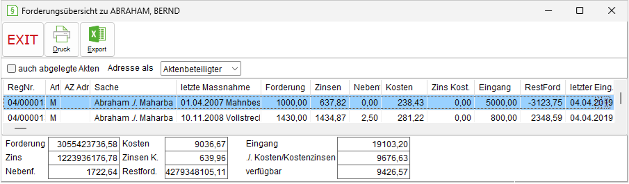 Das Fenster "Forderungsübersicht zu ..."