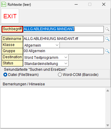 Fenster zur Bearbeitung der Meta-Daten für den Rohtext