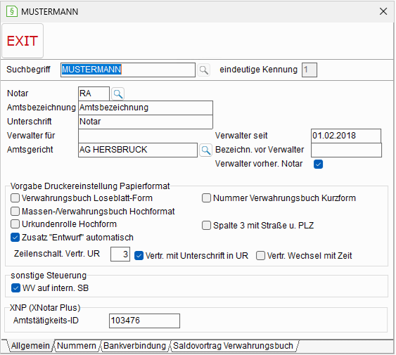 Notariat-Stammdaten-Einstellungen: die Registerkarte "Allgemein"