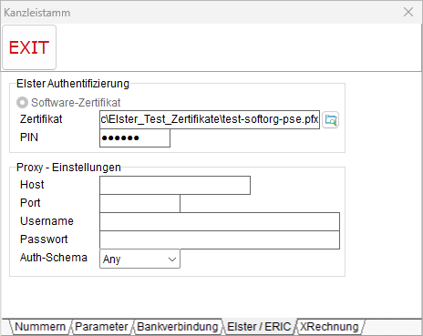 Stammdaten-Einstellungen: die Registerkarte "Elster/ ERIC"