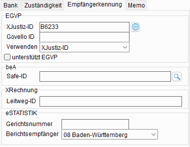 Die Gerichts-Adresse: die Registerkarte "Empfängerkennung"