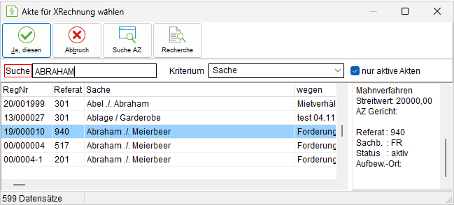 Das Fenster "Akte für XRechnung wählen"