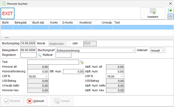 Das Fenster "Honorar buchen"