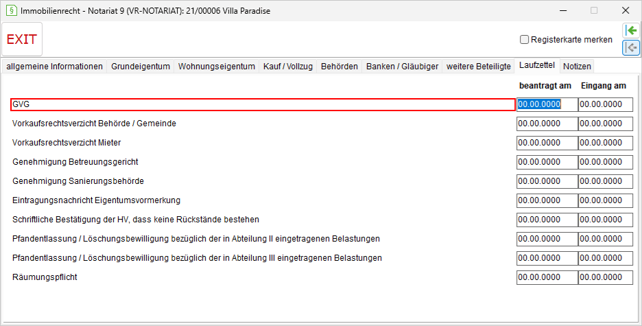 Die Registerkarte "Laufzettel"