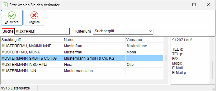 Das Fenster "Bitte wählen Sie den Verkäufer"