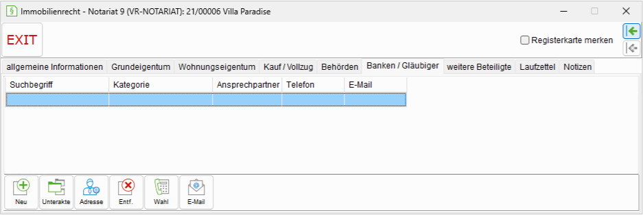 Die Registerkarte "Banken/ Gläubiger"